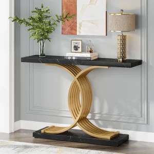 Gold Entryway Table, Modern 39-Inch Console Faux Marble Narrow